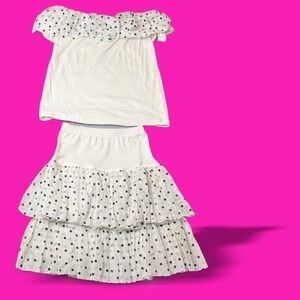 Vintage 80s CW Designs Polka Dot Ruffle Top Tiered Skirt Set Off Shoulder S